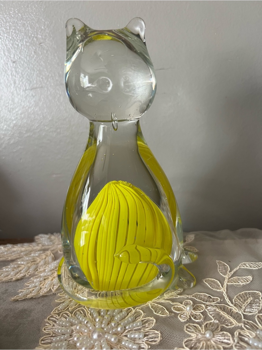 Handblown Glass Cat Figurine with Yellow Core 7”